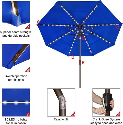 EliteShade 1 Set of 9ft 3-Tier Umbrella with Lights (Royal Blue) & Hitch Mount Umbrella Holder in Kuwait