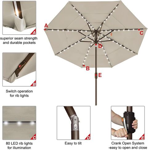 EliteShade 1 Set of 9ft 3-Tier Umbrella with Lights (Antique Beige) & Hitch Mount Umbrella Holder in Kuwait