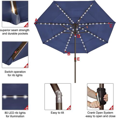 EliteShade 1 Set of 9ft 3-Tier Umbrella with Lights (Navy Blue) & Hitch Mount Umbrella Holder in Kuwait