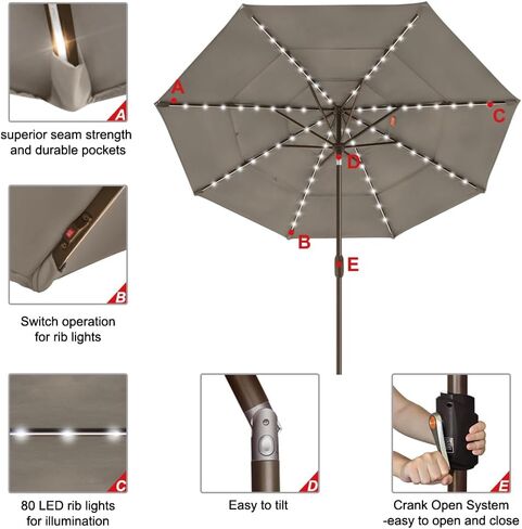 EliteShade 1 Set of 9ft 3-Tier Umbrella with Lights (Taupe) & Hitch Mount Umbrella Holder in Kuwait
