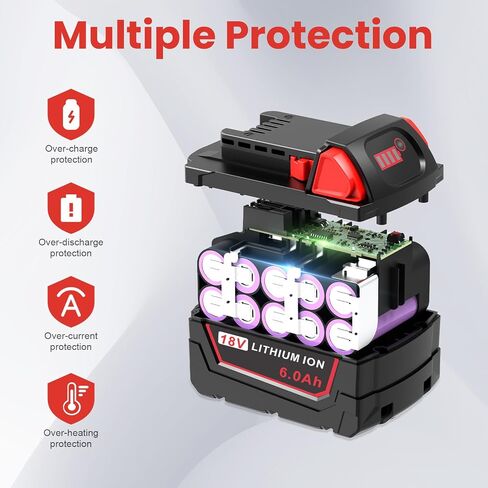 Djsanu 18V 6Ah Battery and N12-18C Dual Port Charger Set for Milwaukee Tools M12 Mk-18 48-11-1850 48-11-1860 48-11-1820 48-11-1840 48-11-1815 48-11-1830 48-11-1870 Fast Charging in Kuwait