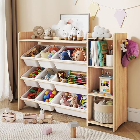 GITAWUSA Kids Toy Storage Organizer, Wooden Shelf with 3 Tiers and 9 Storage Bins, Nursery Room Organizer for Books and Toys, White and Natural Wood in Kuwait