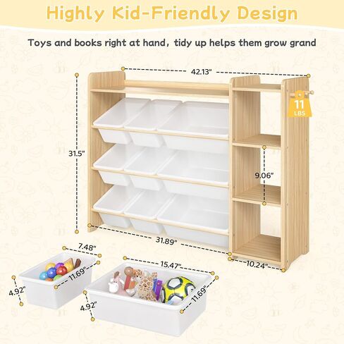 GITAWUSA Kids Toy Storage Organizer, Wooden Shelf with 3 Tiers and 9 Storage Bins, Nursery Room Organizer for Books and Toys, White and Natural Wood in Kuwait