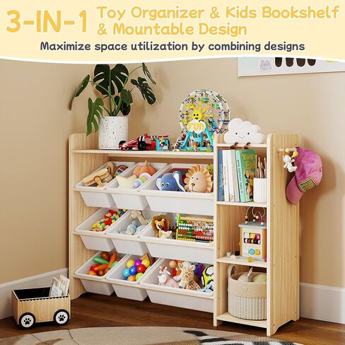 GITAWUSA Kids Toy Storage Organizer, Wooden Shelf with 3 Tiers and 9 Storage Bins, Nursery Room Organizer for Books and Toys, White and Natural Wood in Kuwait