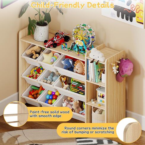 GITAWUSA Kids Toy Storage Organizer, Wooden Shelf with 3 Tiers and 9 Storage Bins, Nursery Room Organizer for Books and Toys, White and Natural Wood in Kuwait