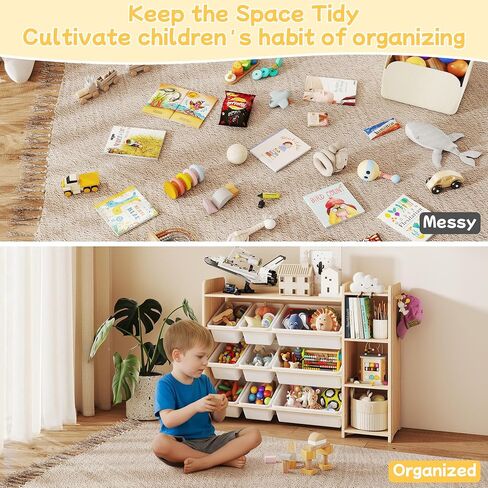 GITAWUSA Kids Toy Storage Organizer, Wooden Shelf with 3 Tiers and 9 Storage Bins, Nursery Room Organizer for Books and Toys, White and Natural Wood in Kuwait