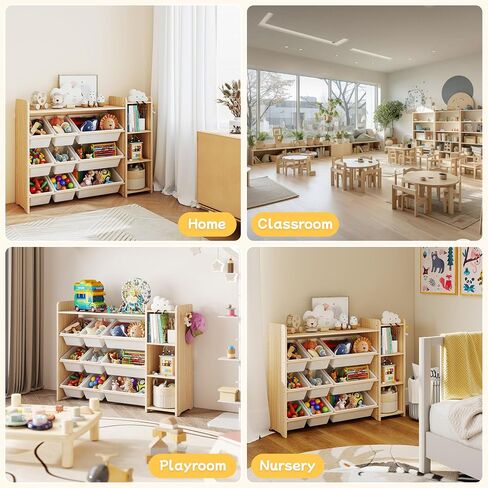 GITAWUSA Kids Toy Storage Organizer, Wooden Shelf with 3 Tiers and 9 Storage Bins, Nursery Room Organizer for Books and Toys, White and Natural Wood in Kuwait