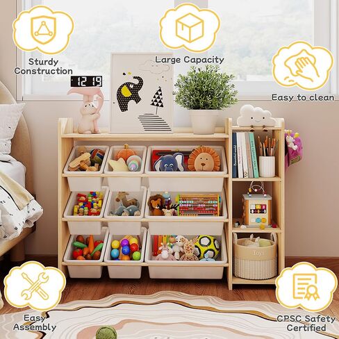 GITAWUSA Kids Toy Storage Organizer, Wooden Shelf with 3 Tiers and 9 Storage Bins, Nursery Room Organizer for Books and Toys, White and Natural Wood in Kuwait