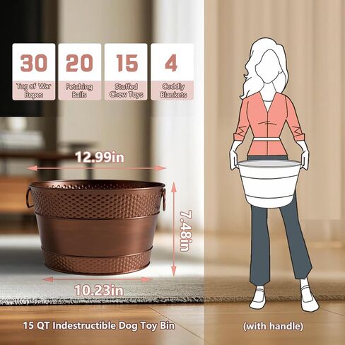Copper Metal Dog Toy Storage Bin, 15-Quart | Sturdy Round Design with Handles, Easy Toy Access and Carrying, Suitable for Living Rooms in Kuwait