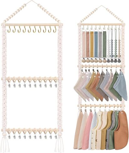 POVETIRE Pacifier Clip Holder Baby Bibs Organizer Burp Cloth Storage | Neutral Hair Accessories Organizer Headband Holder Hanging Wall Decor for Nursery Newborn Infant Girls and Boys Room in Kuwait