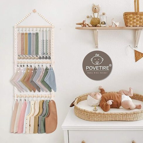 POVETIRE Pacifier Clip Holder Baby Bibs Organizer Burp Cloth Storage | Neutral Hair Accessories Organizer Headband Holder Hanging Wall Decor for Nursery Newborn Infant Girls and Boys Room in Kuwait