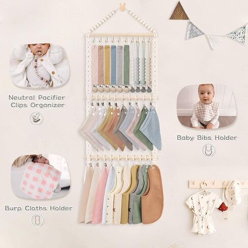 POVETIRE Pacifier Clip Holder Baby Bibs Organizer Burp Cloth Storage | Neutral Hair Accessories Organizer Headband Holder Hanging Wall Decor for Nursery Newborn Infant Girls and Boys Room in Kuwait