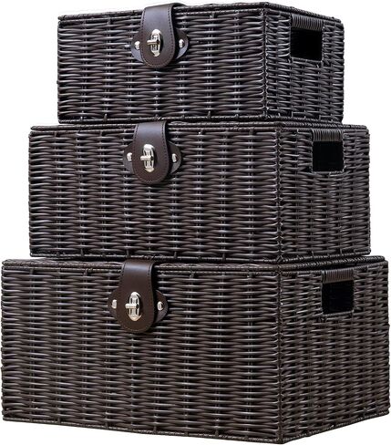 Set of 3 Woven Wicker Storage Basket Box with Lids & Lock, Built-in Carry Handles, Multifunctional Storage Organizer for Nursery, Baby, Clothes, Toys, Books, Large/Medium/Small Size (Black) in Kuwait