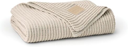 BOLL & BRANCH Sunday Throw Blanket, 70" x 45", Shore/Heathered Oatmeal | 100% Organic Luxury Cotton, Plush Ribbed Knit, Sweater-Like Softness in Kuwait