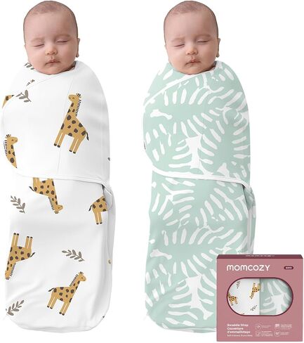 Momcozy Newborn Swaddle Sack, Two-Step Adjustable Baby Swaddle with Whisper-Quiet Fastener, Sleep Sack for 0-3 Months, 2-Pack, Safari in Kuwait
