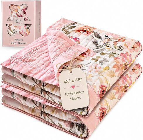Muslin Baby Blanket 48x48-100% Cotton Reversible 7-Layer Baby Girl Blanket - Large Soft Cotton Blanket for Newborns, Infants & Toddlers, Lightweight Quilt-Style, Machine Washable, Pink in Kuwait