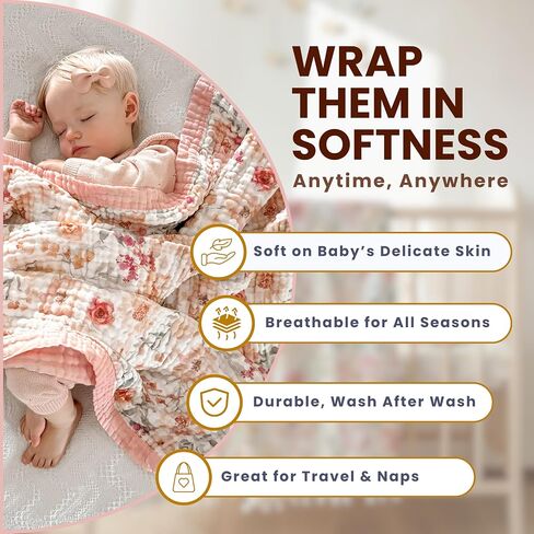 Muslin Baby Blanket 48x48-100% Cotton Reversible 7-Layer Baby Girl Blanket - Large Soft Cotton Blanket for Newborns, Infants & Toddlers, Lightweight Quilt-Style, Machine Washable, Pink in Kuwait
