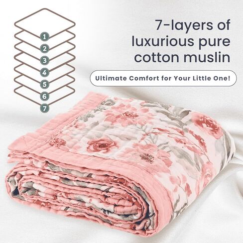 Muslin Baby Blanket 48x48-100% Cotton Reversible 7-Layer Baby Girl Blanket - Large Soft Cotton Blanket for Newborns, Infants & Toddlers, Lightweight Quilt-Style, Machine Washable, Pink in Kuwait