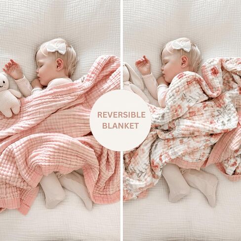 Muslin Baby Blanket 48x48-100% Cotton Reversible 7-Layer Baby Girl Blanket - Large Soft Cotton Blanket for Newborns, Infants & Toddlers, Lightweight Quilt-Style, Machine Washable, Pink in Kuwait