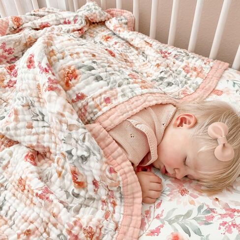 Muslin Baby Blanket 48x48-100% Cotton Reversible 7-Layer Baby Girl Blanket - Large Soft Cotton Blanket for Newborns, Infants & Toddlers, Lightweight Quilt-Style, Machine Washable, Pink in Kuwait