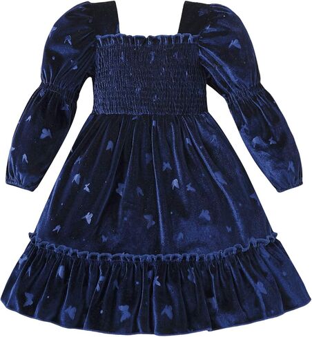 Toddler Girl Dresses Fall Winter Velvet Floral Party Dress 3-8Y | Lantern Long Sleeve Clothes, Flower Printed Outfits, Smocked Bust, Ideal for holidays, gatherings, photo shoots, daily wear in Kuwait