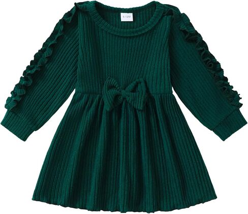 Kucnuzki Baby Toddler Girl Clothes Long Sleeve Fall Winter Ribbed Dress | ribbed knit sweater dress ruffle trim with Bow fall winter holiday outfit in Kuwait