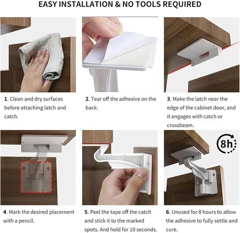 10 Pack Upgraded Invisible Baby Proofing Cabinet Latch Locks - No Drilling or Tools Required, Children Proof Cupboard Drawers Latches, Works with Most Cabinets and Drawers - Adhesive Easy Installation in Kuwait