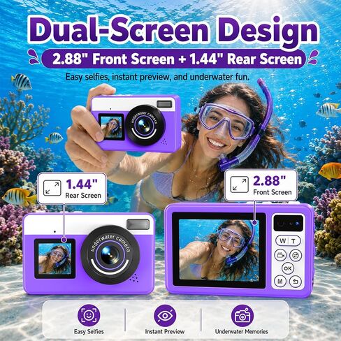 Maxmango D70 Underwater Camera, 10FT Waterproof Digital Camera for Pool & Beach, 4K 48MP Teens Underwater Cam with Dual Screens, Autofocus, 18X Zoom, Floating Camera for Boys Girls Teens(16GB) in Kuwait