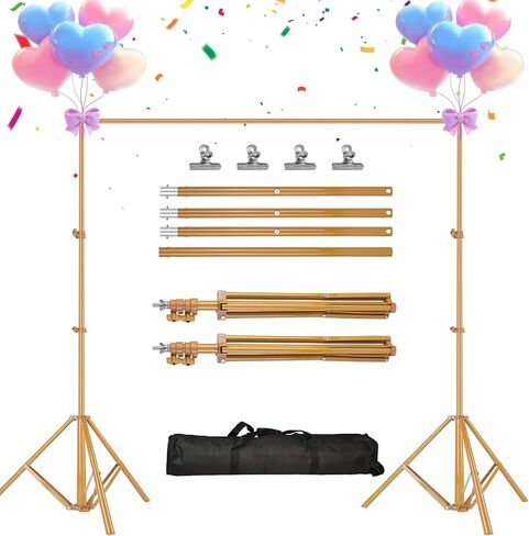 Backdrop Stand for Parties, Banner Stand Photographic Studio Photo Backgrounds 10ft Adjustable Photo Backdrop Stand Kits with a Carrying Bag Photo Backdrop Stand for Birthday/Wedding(Gold) in Kuwait