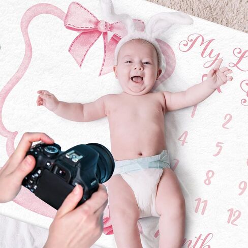 Trendy Pink Bow Coquette Baby Milestone Blanket Coquette Flannel Blanket Newborn Infant Swaddle Growth Baby Frame for Boys Girls Nursery (Bow, Pink) in Kuwait