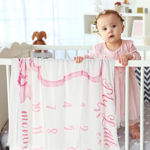 Trendy Pink Bow Coquette Baby Milestone Blanket Coquette Flannel Blanket Newborn Infant Swaddle Growth Baby Frame for Boys Girls Nursery (Bow, Pink) in Kuwait