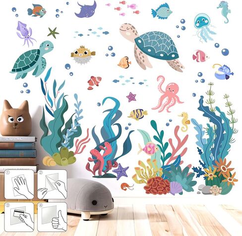 Ocean Wall Decals for Bathroom: Under 30 Minutes Installation | Peel and Stick Applied With Just 4 Steps - Under The Sea Wall Decals for Baby Bedroom - 100% Kids Safe Vinyl Certified in Kuwait