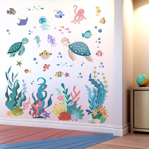 Ocean Wall Decals for Bathroom: Under 30 Minutes Installation | Peel and Stick Applied With Just 4 Steps - Under The Sea Wall Decals for Baby Bedroom - 100% Kids Safe Vinyl Certified in Kuwait