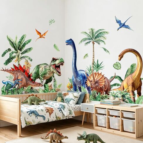 Tanlaby Large Dinosaurs Wall Decals Dino Tropical Palm Tree Wall Stickers | 62x33 in Wall Art Decals for Boys Baby Nursery Kids Bedroom Playroom Daycare Decor(XXL) in Kuwait