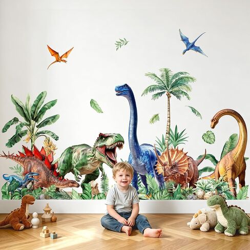 Tanlaby Large Dinosaurs Wall Decals Dino Tropical Palm Tree Wall Stickers | 62x33 in Wall Art Decals for Boys Baby Nursery Kids Bedroom Playroom Daycare Decor(XXL) in Kuwait