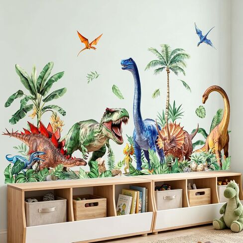 Tanlaby Large Dinosaurs Wall Decals Dino Tropical Palm Tree Wall Stickers | 62x33 in Wall Art Decals for Boys Baby Nursery Kids Bedroom Playroom Daycare Decor(XXL) in Kuwait