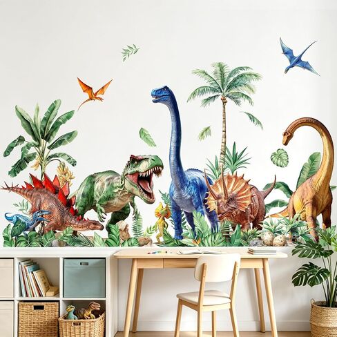Tanlaby Large Dinosaurs Wall Decals Dino Tropical Palm Tree Wall Stickers | 62x33 in Wall Art Decals for Boys Baby Nursery Kids Bedroom Playroom Daycare Decor(XXL) in Kuwait