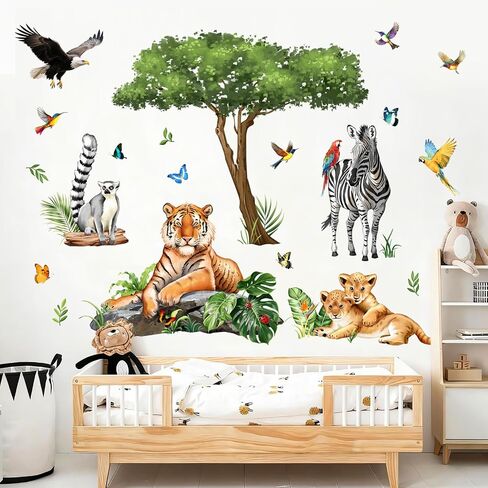 Jungle Safari Animal Wall Decals for Kids Room - Wildlife Wall Stickers Giraffe Elephant Leopard Zebra Monkey Removable Vinyl Nursery Decor for Baby Toddlers Classroom Playroom Wall Decor in Kuwait