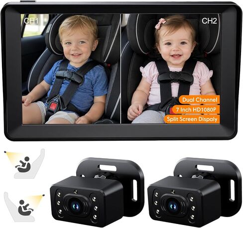 Kidsneed Baby Car Camera for 2 Kids - 7" Split Screen Baby Monitor for Car | Dual backseat cameras with 150° wide view and 360° rotation. Clear night vision infant car seat mirror camera in Kuwait