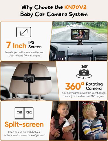 Kidsneed Baby Car Camera for 2 Kids - 7" Split Screen Baby Monitor for Car | Dual backseat cameras with 150° wide view and 360° rotation. Clear night vision infant car seat mirror camera in Kuwait