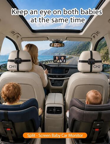 Kidsneed Baby Car Camera for 2 Kids - 7" Split Screen Baby Monitor for Car | Dual backseat cameras with 150° wide view and 360° rotation. Clear night vision infant car seat mirror camera in Kuwait