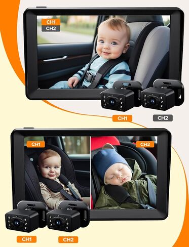 Kidsneed Baby Car Camera for 2 Kids - 7" Split Screen Baby Monitor for Car | Dual backseat cameras with 150° wide view and 360° rotation. Clear night vision infant car seat mirror camera in Kuwait
