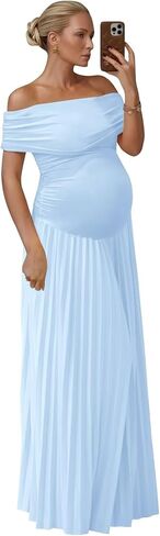 Fivsole Sky Blue Off Shoulder Maternity Dress for Photoshoot Maxi Long Pleated Baby Shower Dress Summer Formal Pregnancy Wedding Guest Dress S in Kuwait