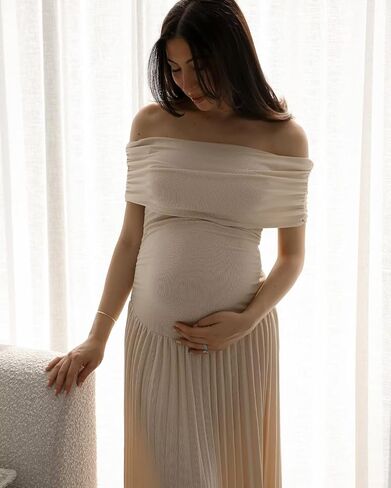 Fivsole Sky Blue Off Shoulder Maternity Dress for Photoshoot Maxi Long Pleated Baby Shower Dress Summer Formal Pregnancy Wedding Guest Dress S in Kuwait