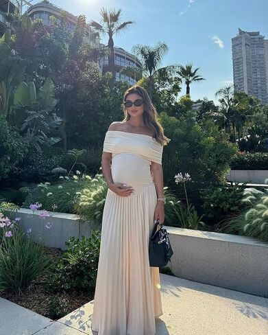 Fivsole Sky Blue Off Shoulder Maternity Dress for Photoshoot Maxi Long Pleated Baby Shower Dress Summer Formal Pregnancy Wedding Guest Dress S in Kuwait