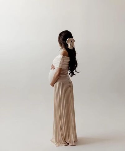 Fivsole Sky Blue Off Shoulder Maternity Dress for Photoshoot Maxi Long Pleated Baby Shower Dress Summer Formal Pregnancy Wedding Guest Dress S in Kuwait