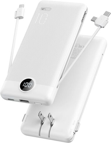 VRURC Portable Charger, Power Bank Built-in Cables and AC Wall Plug | USB C Power Bank 10000mAh Travel Essentials Phone Charger Compact External Battery Pack For Smart Phones, Tablets etc-White in Kuwait