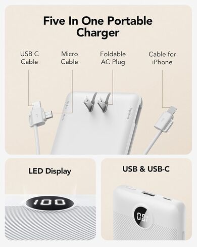 VRURC Portable Charger, Power Bank Built-in Cables and AC Wall Plug | USB C Power Bank 10000mAh Travel Essentials Phone Charger Compact External Battery Pack For Smart Phones, Tablets etc-White in Kuwait