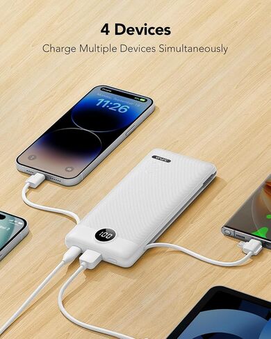 VRURC Portable Charger, Power Bank Built-in Cables and AC Wall Plug | USB C Power Bank 10000mAh Travel Essentials Phone Charger Compact External Battery Pack For Smart Phones, Tablets etc-White in Kuwait