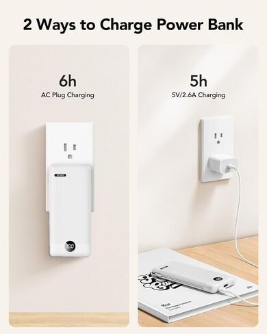 VRURC Portable Charger, Power Bank Built-in Cables and AC Wall Plug | USB C Power Bank 10000mAh Travel Essentials Phone Charger Compact External Battery Pack For Smart Phones, Tablets etc-White in Kuwait
